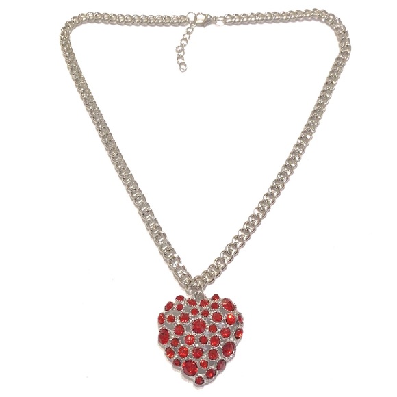 Red Heart Dome Necklace Silver Tone - Picture 3 of 4